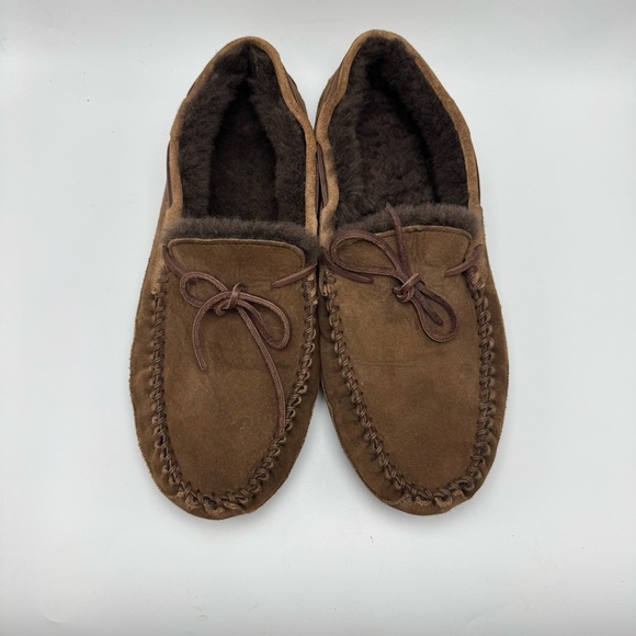 LL Bean Wicked Good Slippers Brown Suede Leather Size 13 Wide Shearling Cozy - Picture 3 of 9